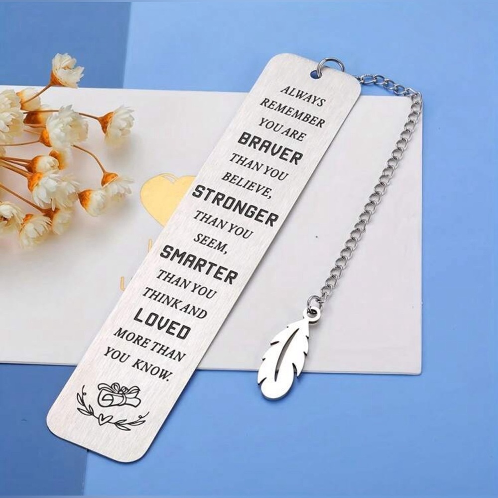 Stainless Steel Engraved Inspirational Slogan Bookmark. Stronger......